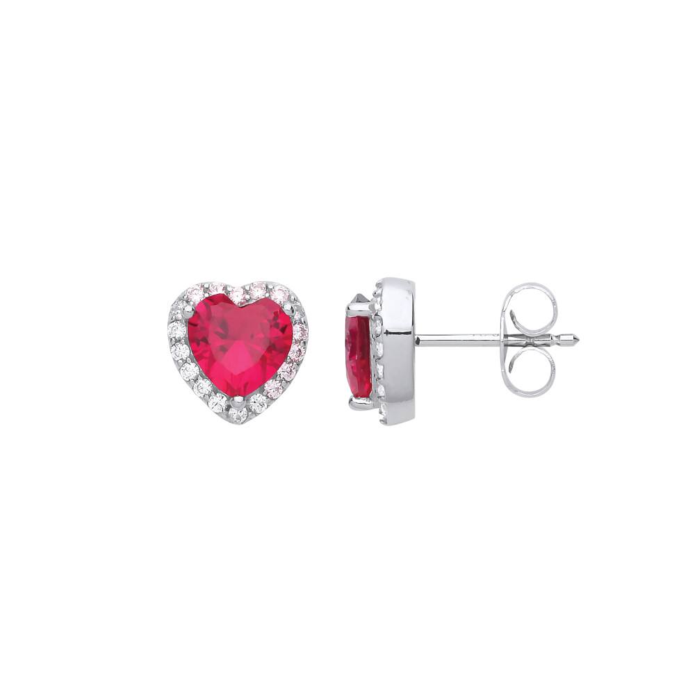 Jewelco London Ladies Sterling Silver Ruby-Red Heart Cubic Zirconia Love Halo Solitaire Stud Earrings - GVE727