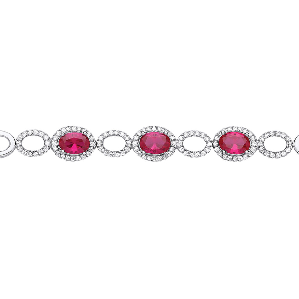 Jewelco London Ladies Sterling Silver Ruby-Red Oval Cubic zirconia Halo Cluster Tennis Bracelet 8mm - GVB450