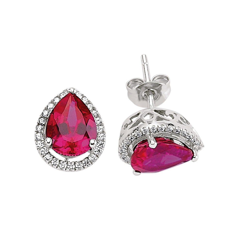 Jewelco London Ladies Sterling Silver Ruby-Red Pear Cubic Zirconia Halo Tears of Joy Stud Earrings - GVE222