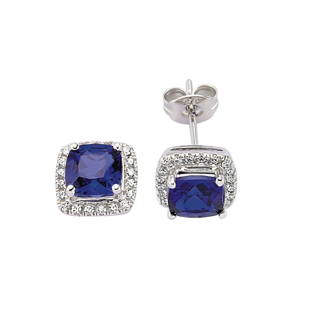 Jewelco London Ladies Sterling Silver Sapphire-Blue Asscher Cubic Zirconia Halo Cluster Stud Earrings - GVE219