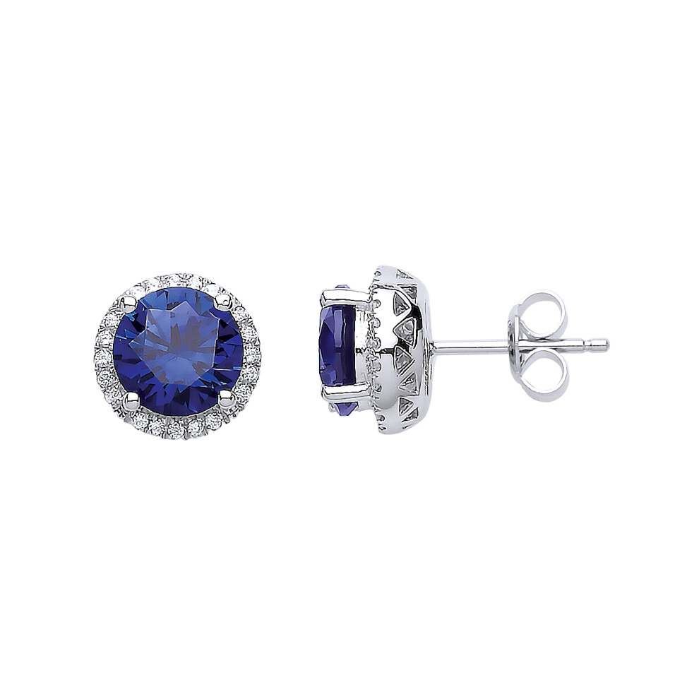 Jewelco London Ladies Sterling Silver Sapphire-Blue Cubic Zirconia Halo Stud Earrings - GVE617