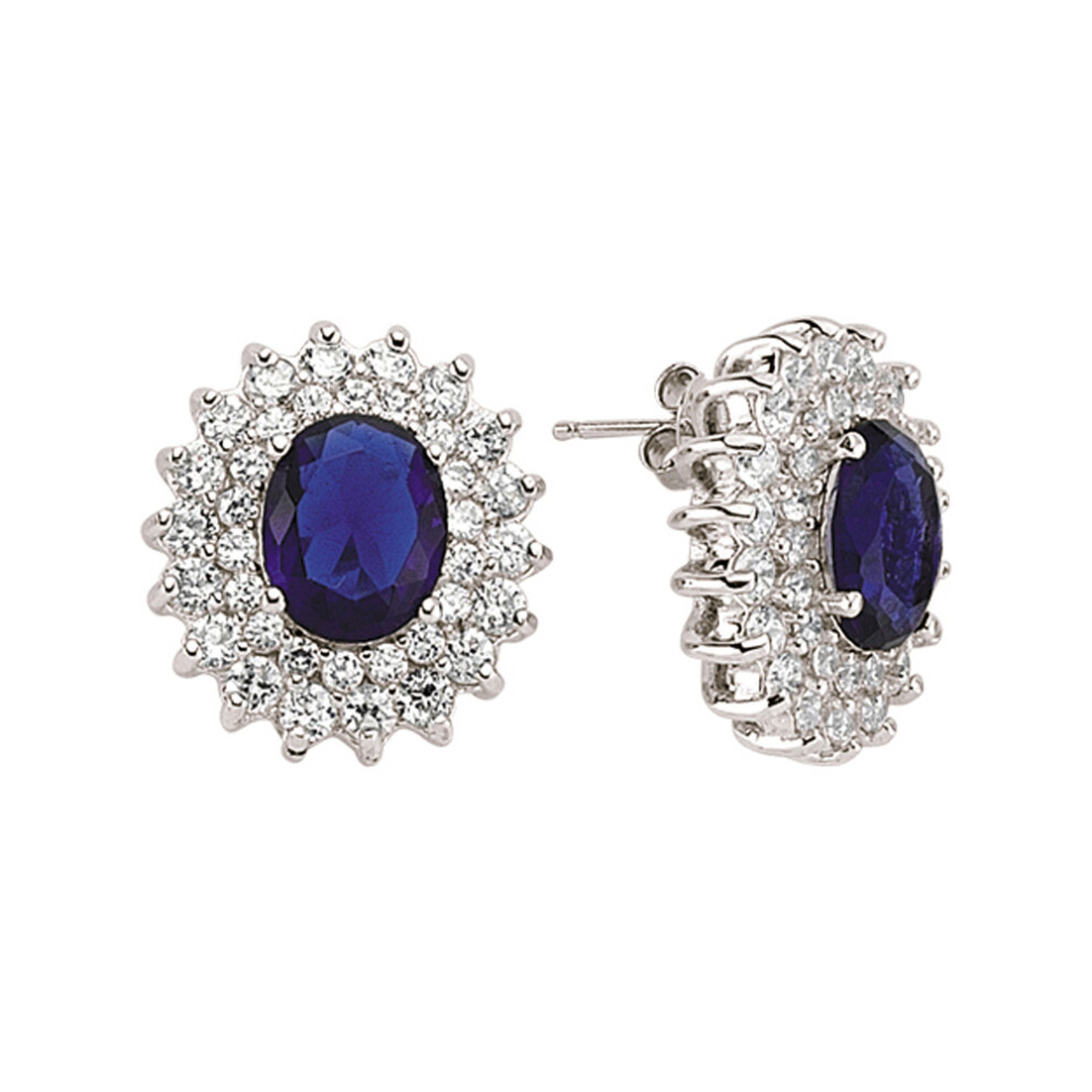 Jewelco London Ladies Sterling Silver Sapphire-Blue Oval Cubic Zirconia Royal Lady Di Cluster Stud Earrings - GVE058