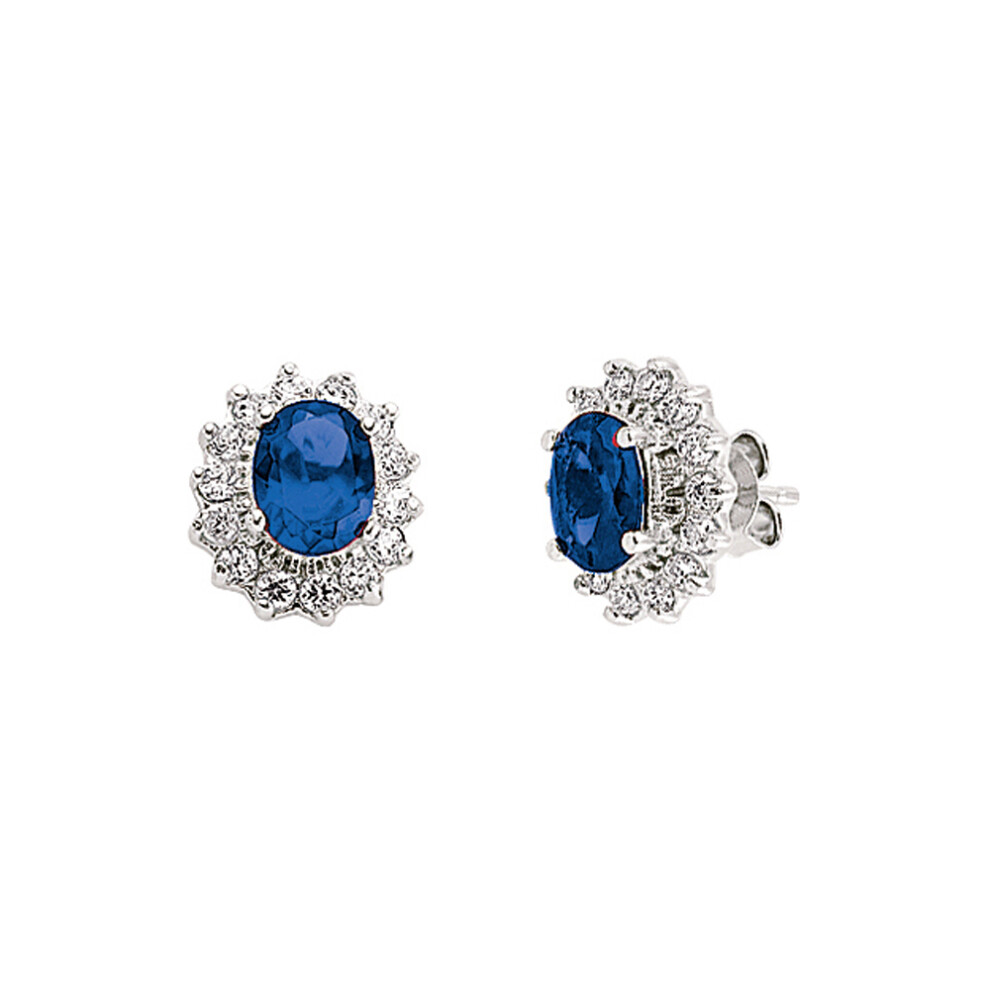 Jewelco London Ladies Sterling Silver Sapphire-Blue Oval Cubic Zirconia Royal Lady Di Cluster Stud Earrings - GVE247SAP