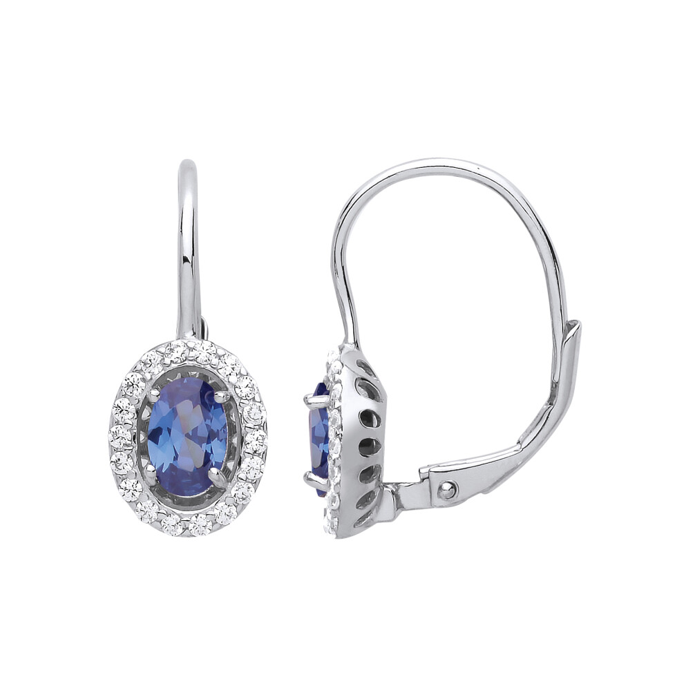 Jewelco London Ladies Sterling Silver Sapphire-Blue Oval Cubic Zirconia Solitaire Halo Drop Earrings - GVE815CP