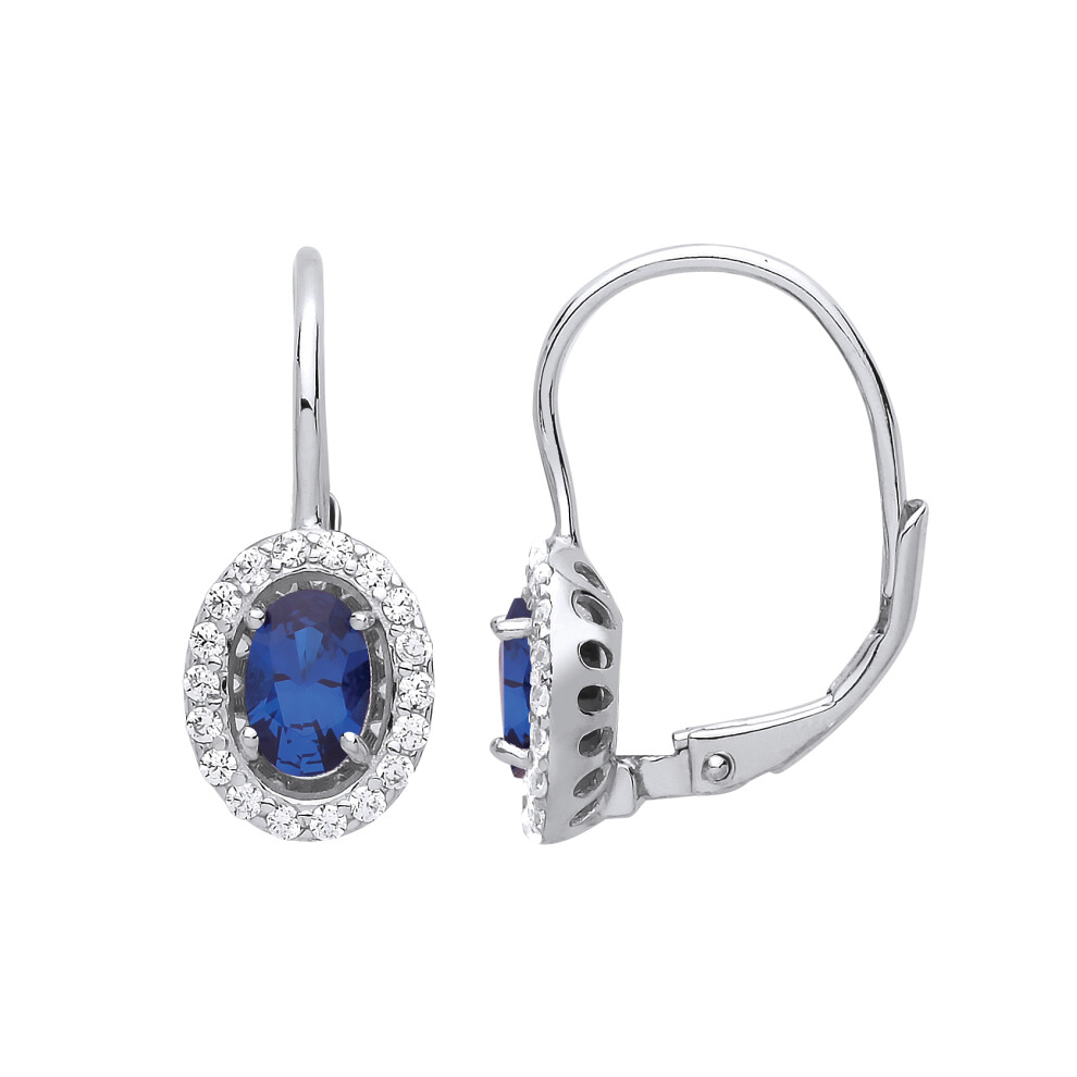 Jewelco London Ladies Sterling Silver Sapphire-Blue Oval Cubic Zirconia Solitaire Halo Drop Earrings - GVE815SAP