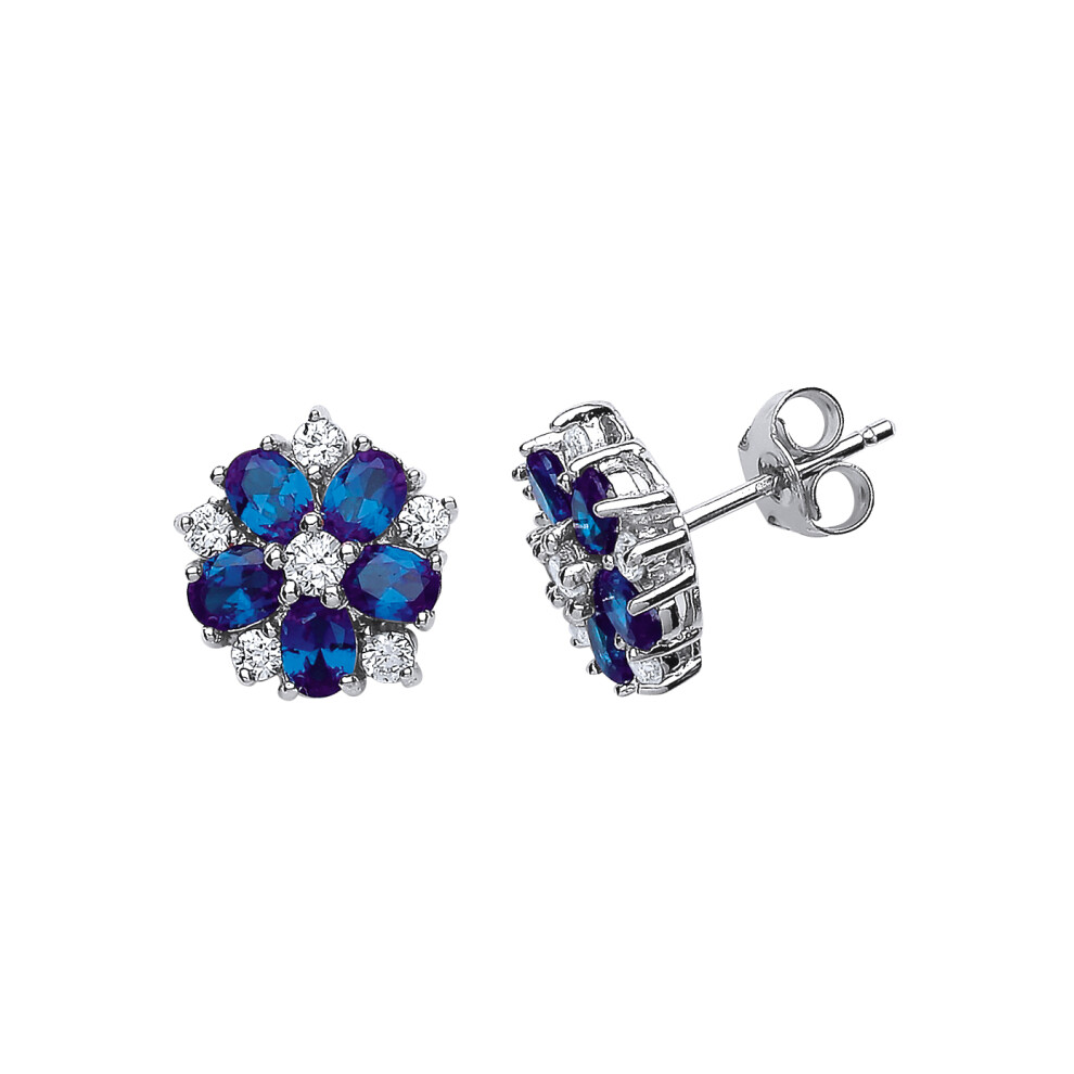 Jewelco London Ladies Sterling Silver Sapphire-Blue Oval Cubic Zirconia Tudor Rose Flower Petal Stud Earrings - GVE212SAP