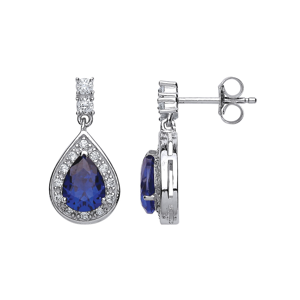 Jewelco London Ladies Sterling Silver Sapphire-Blue Pear Cubic Zirconia Halo Tears of Joy Stud Earrings - GVE428