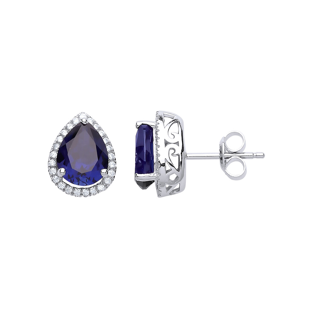 Jewelco London Ladies Sterling Silver Sapphire-Blue Pear Cubic Zirconia Pear Halo Stud Earrings - GVE222SAP