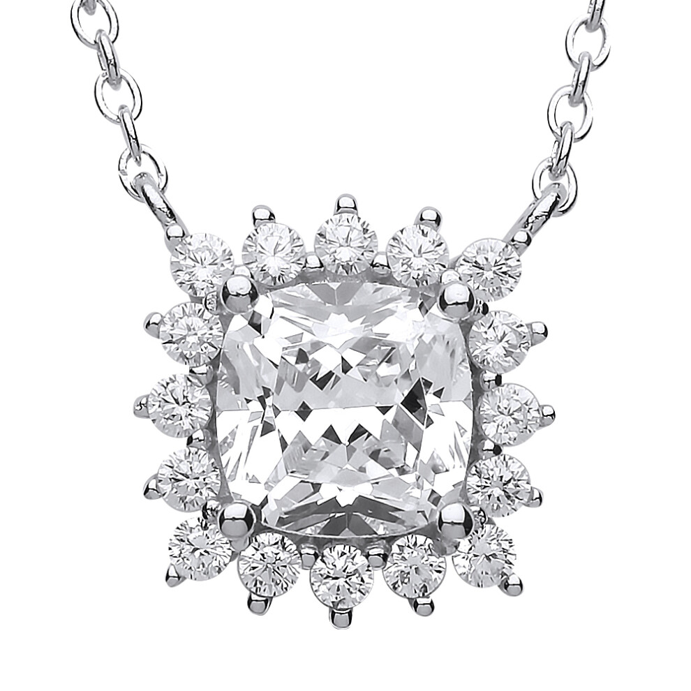 Ladies Sterling Silver Square cushion Cubic zirconia Sunshine Cluster Solitaire Charm Necklace 15 inch - GVK171