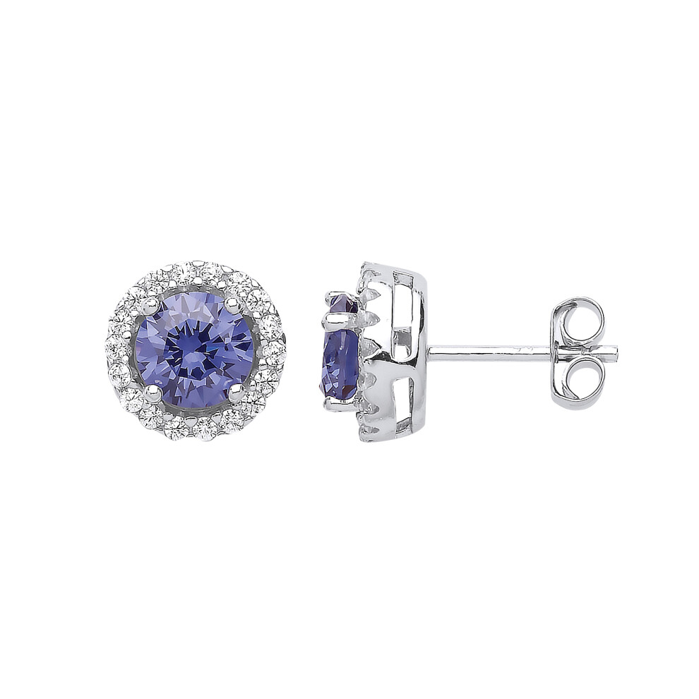 Jewelco London Ladies Sterling Silver Tanzanite-Violet Cubic zirconia Halo Solitaire Stud Earrings - GVE419TAN