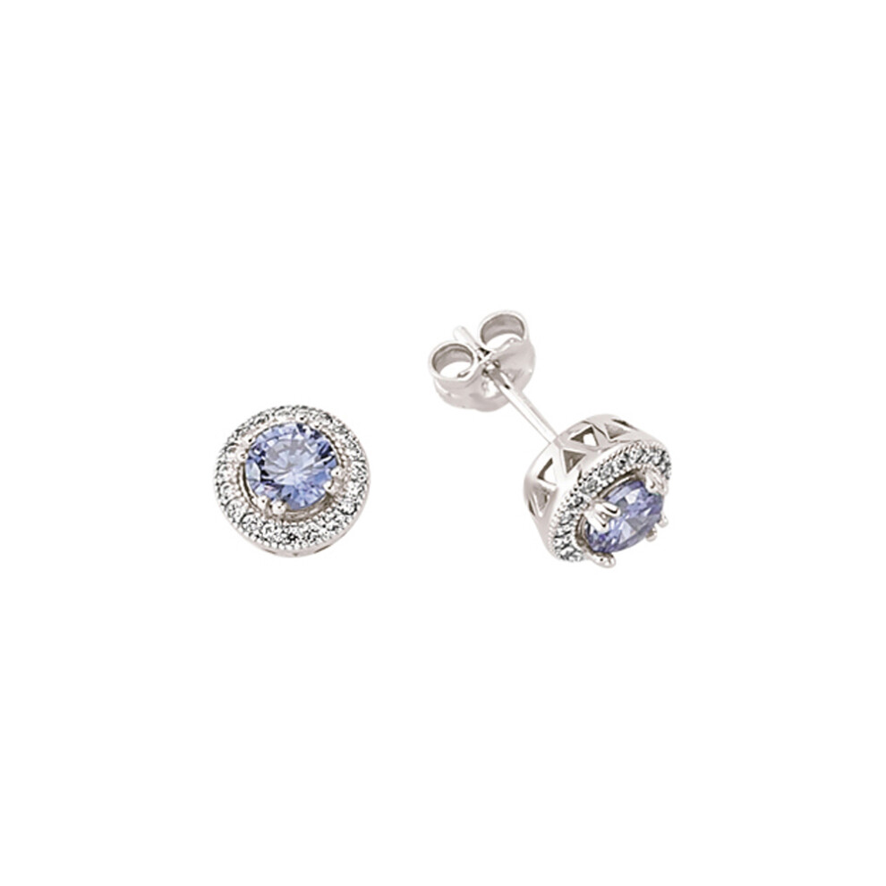 Jewelco London Ladies Sterling Silver Tanzanite-Violet Cubic Zirconia Halo Stud Earrings - GVE319