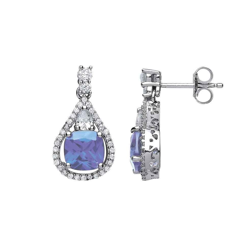Jewelco London Ladies Sterling Silver Tanzanite-Violet Cushion Cubic Zirconia Halo Teardrop Drop Earrings - GVE441TAN