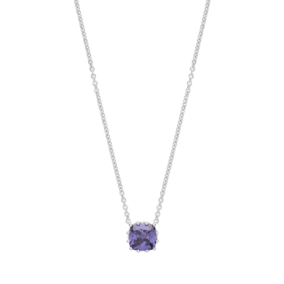 Ladies Sterling Silver Tanzanite-Violet Cushion Cut Cubic Zirconia 12 Claw Solitaire Solitaire Necklace - GVK321 - Image 2