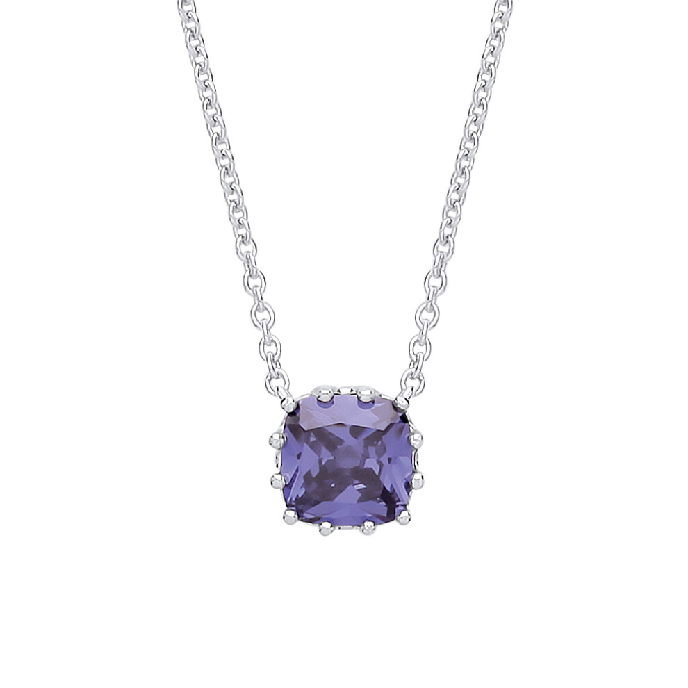 Ladies Sterling Silver Tanzanite-Violet Cushion Cut Cubic Zirconia 12 Claw Solitaire Solitaire Necklace - GVK321