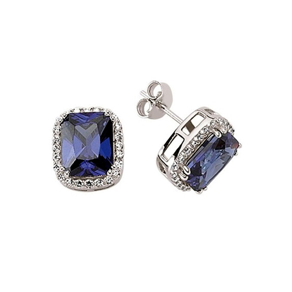 Jewelco London Ladies Sterling Silver Tanzanite-Violet Emerald Cut Cubic Zirconia Halo Stud Earrings - GVE327
