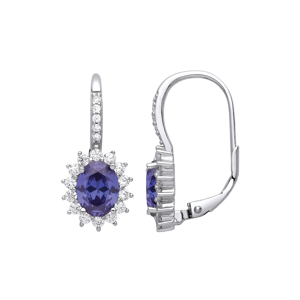 Jewelco London Ladies Sterling Silver Tanzanite-Violet Oval Cubic Zirconia Classic Cluster Drop Earrings - GVE817TAN