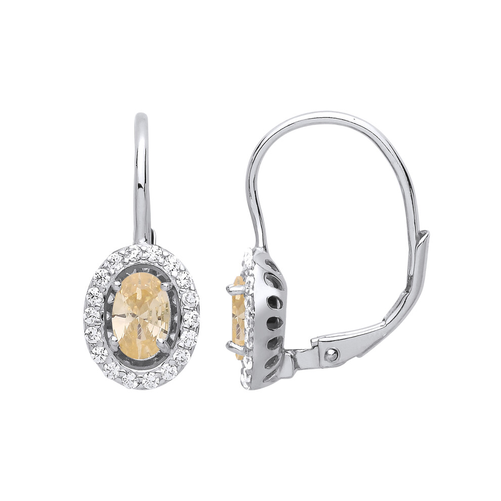 Jewelco London Ladies Sterling Silver Yellow Oval Cubic Zirconia Solitaire Halo Drop Earrings - GVE815YC