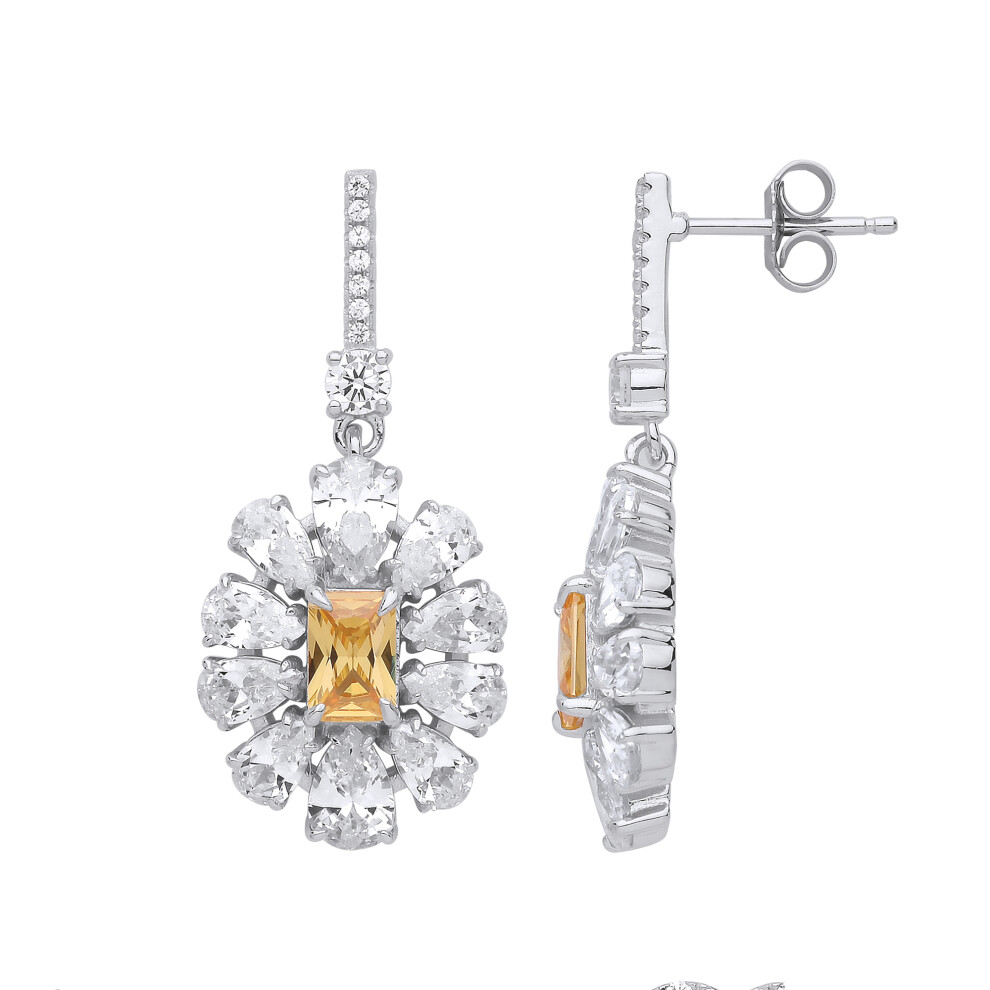 Jewelco London Ladies Sterling Silver Yellow Rectangular & Pear Cubic Zirconia Popcorn Flower Stud Drop Earrings - GVE871