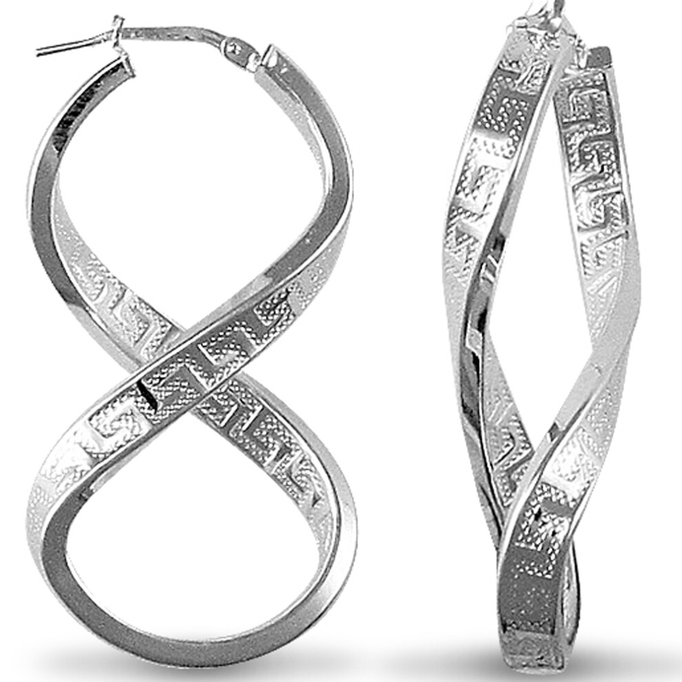 Jewelco London Rhodium Coated Sterling Silver Greek Key fig. of eight Hoop Earrings - Ladies - AER030