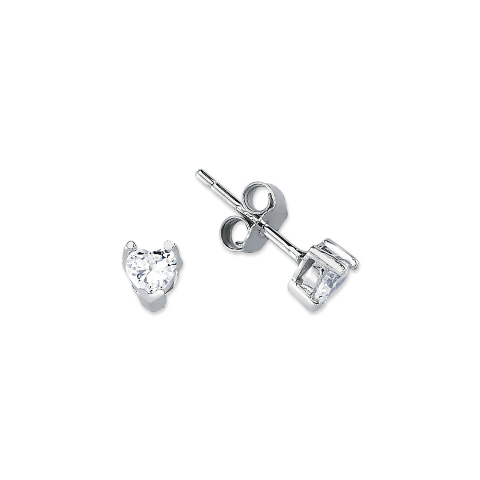 Jewelco London Rhodium Plated Sterling Silver Heart Cubic Zirconia Solitaire Stud Earrings 4mm - AES054