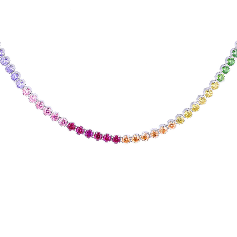 Rhodium Plated Sterling Silver Multi Colour Cubic Zirconia Rainbow Eternity Tennis Necklace, 14-16" - 8-19-0240