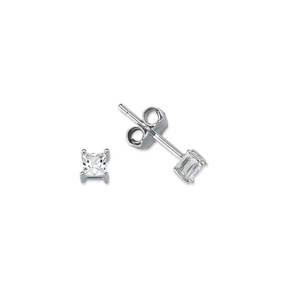 Jewelco London Rhodium Plated Sterling Silver Princess Cubic Zirconia Solitaire Stud Earrings 3mm - AES055