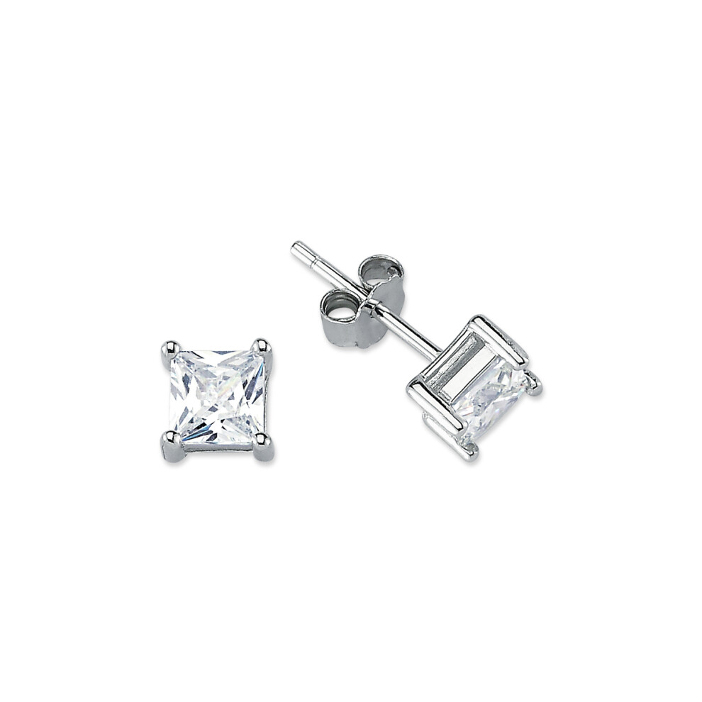 Jewelco London Rhodium Plated Sterling Silver Princess Cubic Zirconia Solitaire Stud Earrings 5mm - AES056