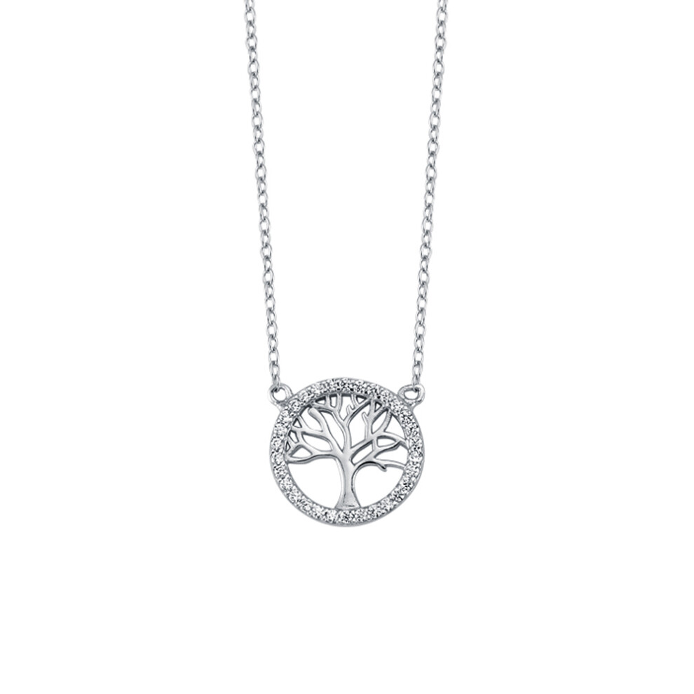 Rhodium Plated Sterling Silver Round Cubic Zirconia Tree of Life Pendant Necklace 1.1mm 16-18 inch - ABB168