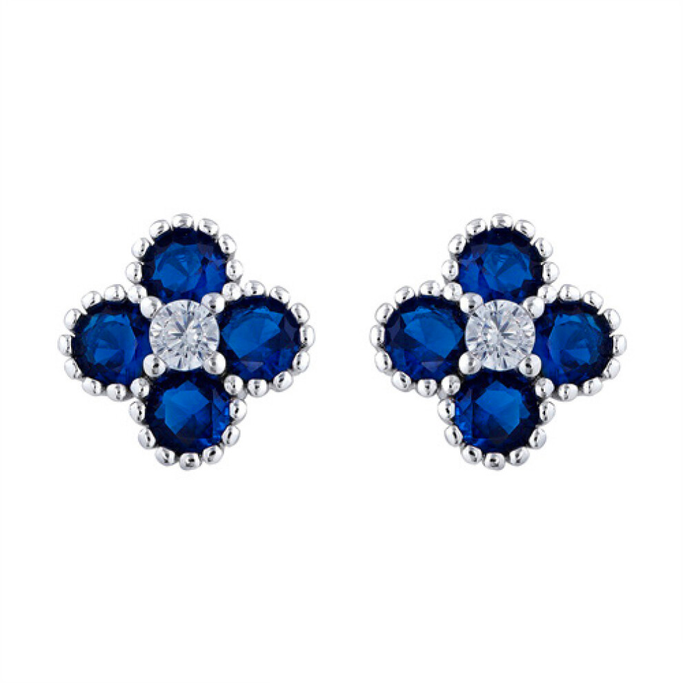 Jewelco London Rhodium Silver Blue Round Brilliant CZ Bead Edge Clover Cluster Stud Earrings - AES230B