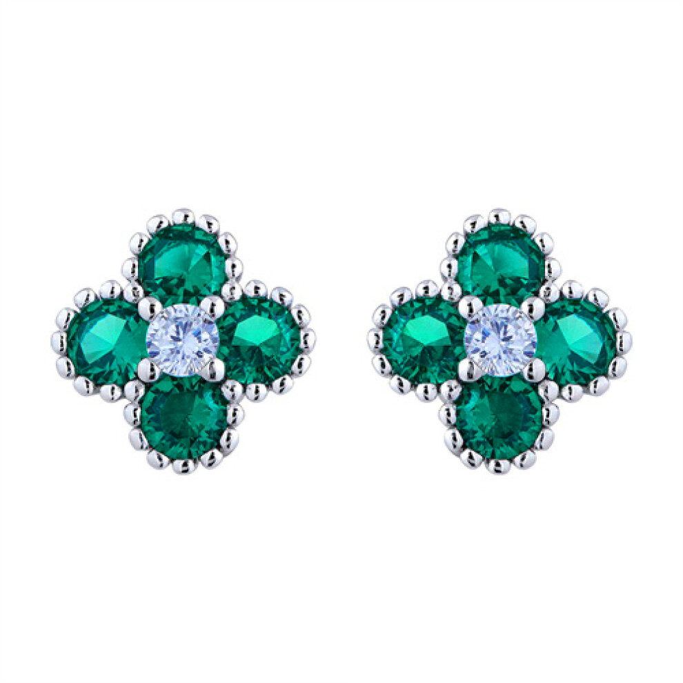 Jewelco London Rhodium Silver Green Round Brilliant CZ Bead Edge Clover Cluster Stud Earrings - AES230G