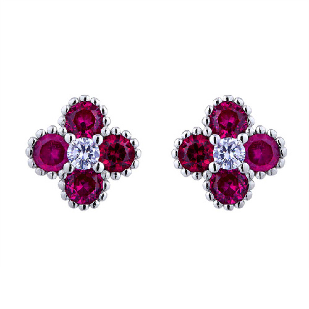 Jewelco London Rhodium Silver Red Round Brilliant CZ Bead Edge Clover Cluster Stud Earrings - AES230R