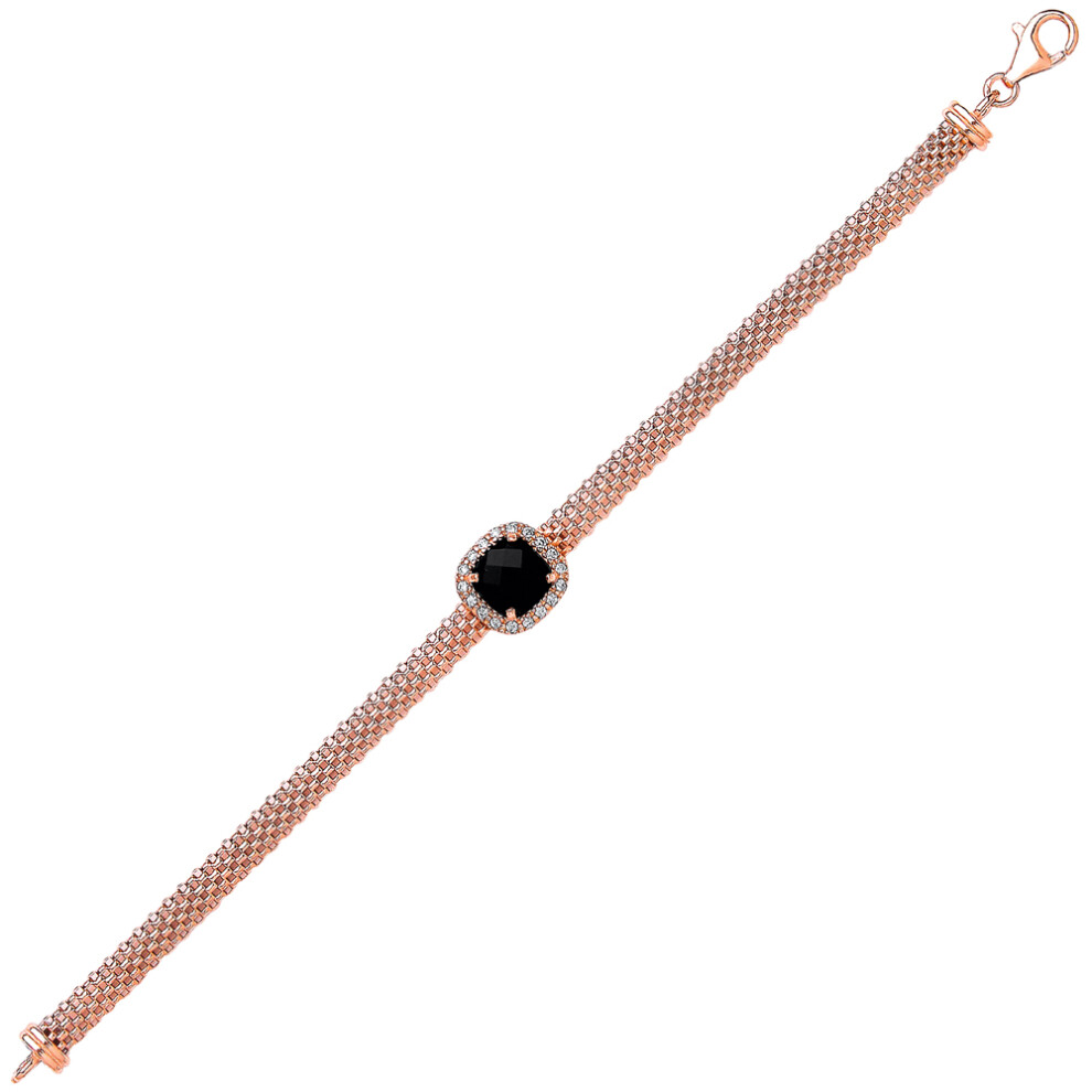 Jewelco London Rose Gold-Plated Sterling Silver Black Cushion and Round Brilliant Onyx Correana Pave Halo Bracelet - GVB253 - Image 2