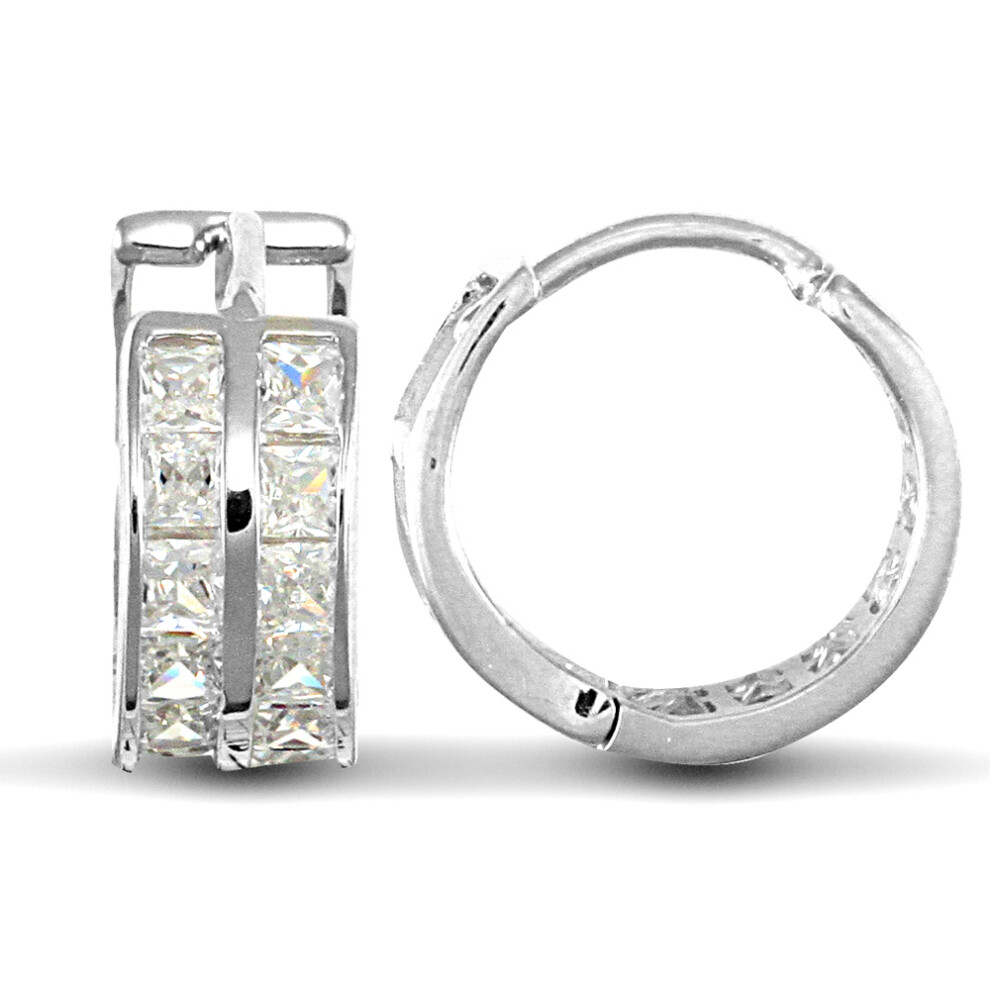 Jewelco London Solid 9ct White Gold White Princess Cut Cubic Zirconia 2 Row Eternity 5mm Huggie Hoop Earrings 12mm - JER524