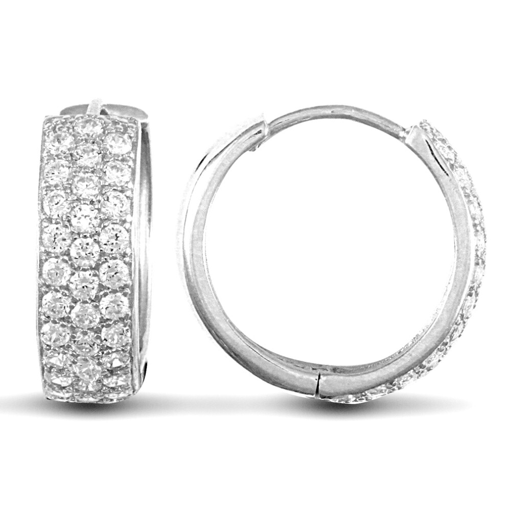 Jewelco London Solid 9ct White Gold White Round Brilliant Cubic Zirconia 3 Row Pave 5.3mm Huggie Hoop Earrings 16mm - JER526