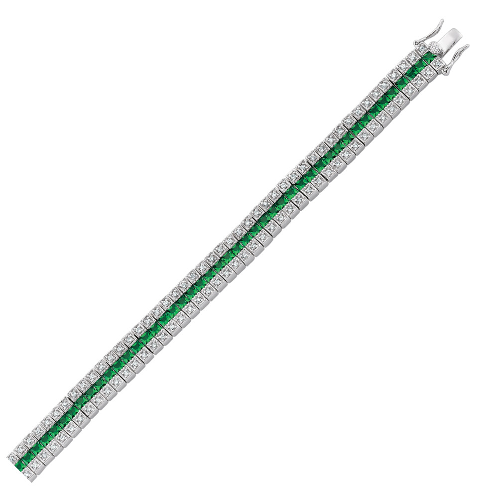 Jewelco London Sterling Silver Emerald-Green Princess Cut Cubic Zirconia 3 Row Eternity Tennis Bracelet 10mm 7 inch - GVB118GRN - Image 4