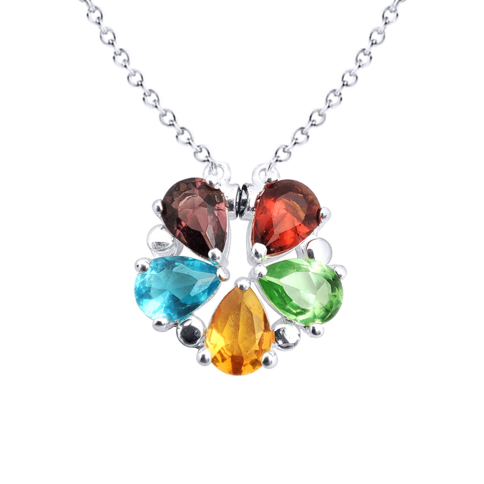 Sterling Silver Multi Colour Pear CZ Magnetic Opening Raindrop Flower Cluster Necklace, 16" 41cm - 8-62-3042