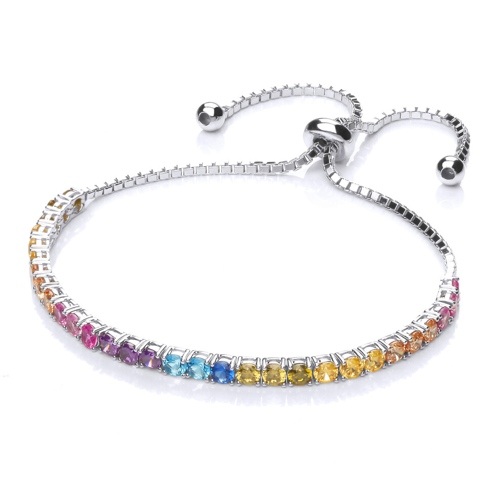 Jewelco London Unisex Sterling Silver Multi Colour Cubic Zirconia Rainbow Adjustable Box Chain Tennis Slider Bracelet - GVB448