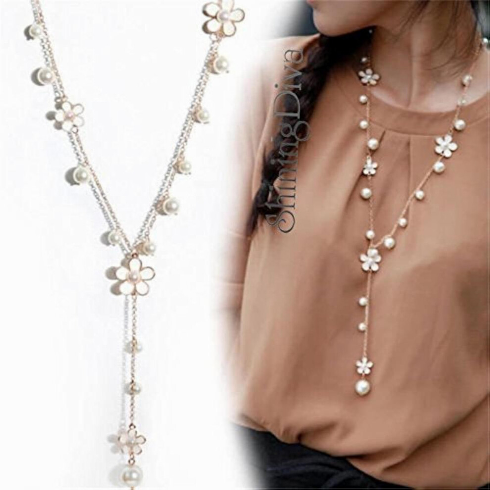 Jewellery Pearl and Florals Base Metal Pendent Long Chain Pendant Stylish Necklace for (White, en) - Image 7