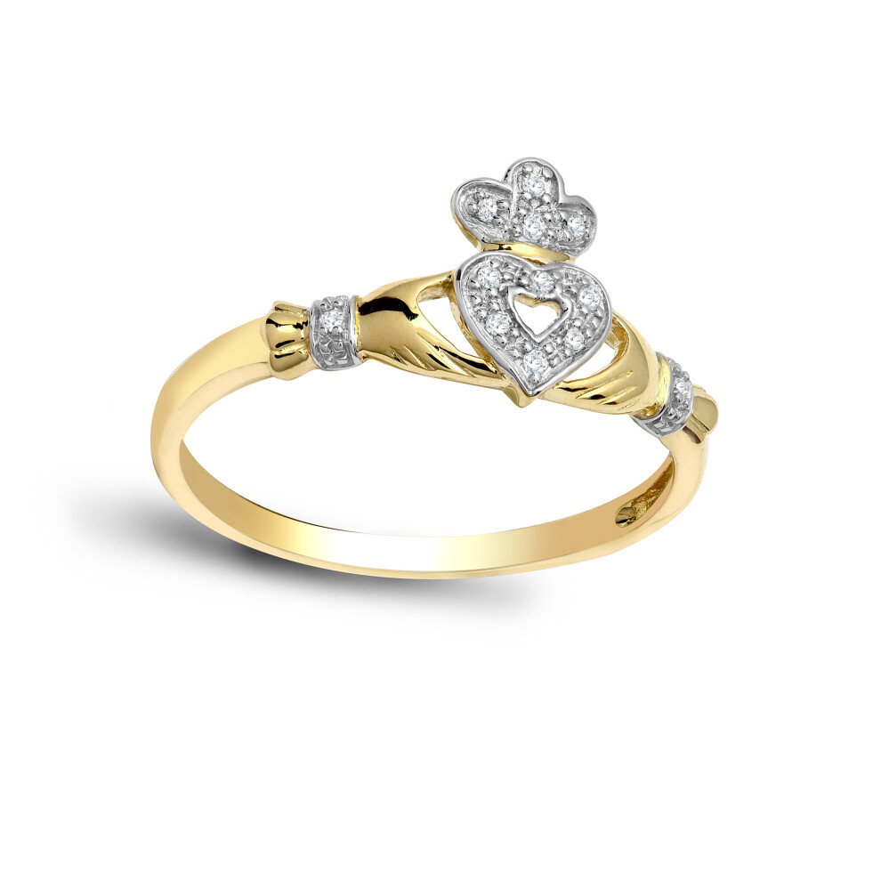 (K) Jewelco London Ladies 9ct Yellow Gold Pave Set Round H I2 0.05ct Diamond Claddagh fÃ¡inne Chladaigh Cocktail Ring 10mm