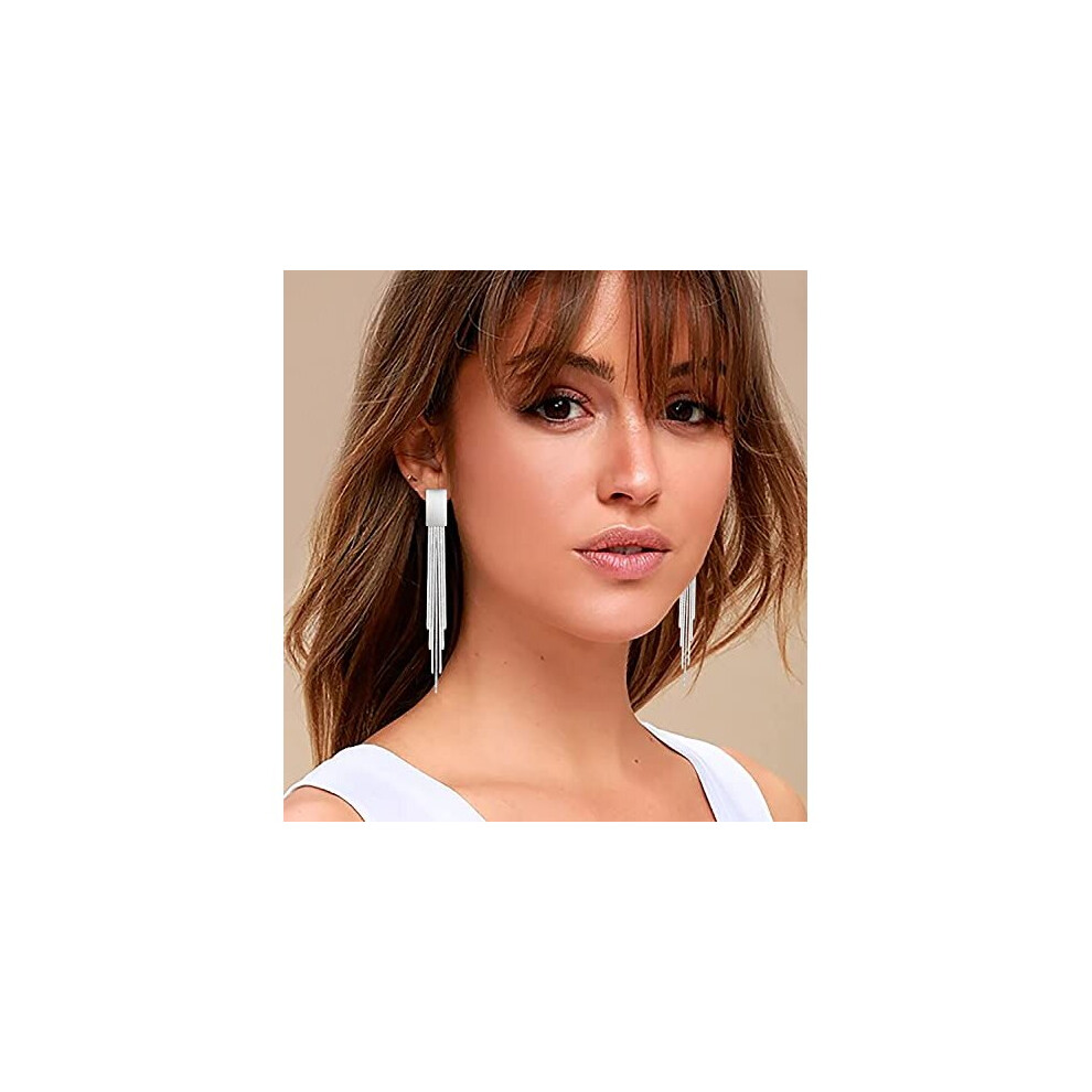 KristLand - Retro 925 Sterling Silver Earpin Chain Tassel Long Dangle Stud Earrings White Gold Plated Weddings/Bridal/Woman Jewellery Silver Color - Image 2