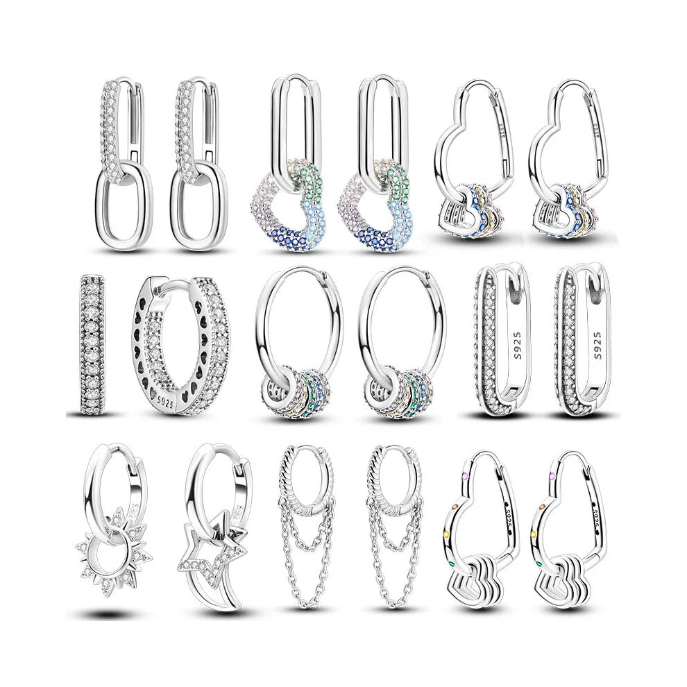 (KTE094) 925 Silver Hoop Womens Earrings Pendientes Zircon Heart Shape Star Eardrop