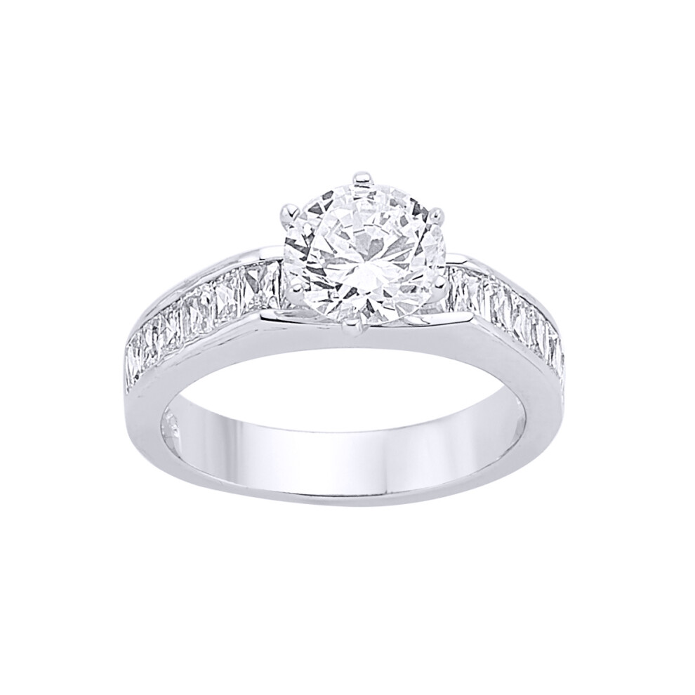 (L) Jewelco London Ladies Rhodium Sterling Silver Baguette Cubic Zirconia Shoulder-Set Halo Solitaire Engagement Ring