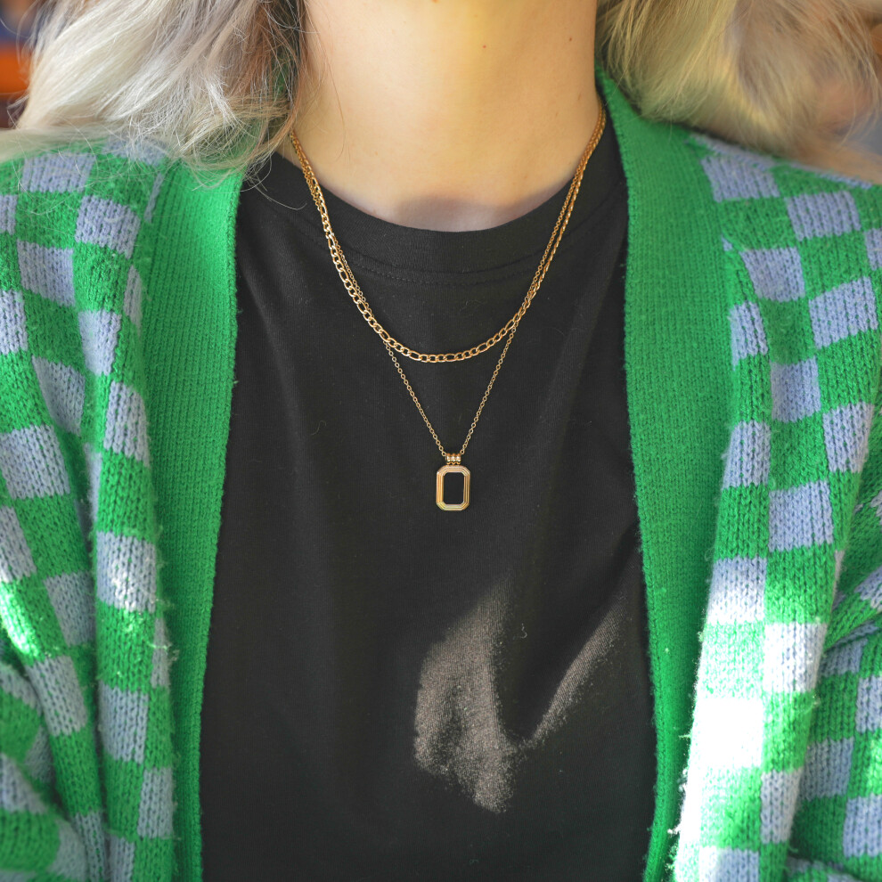 Layered Gold Necklace with Black Pendant | Figaro & Curb Chains