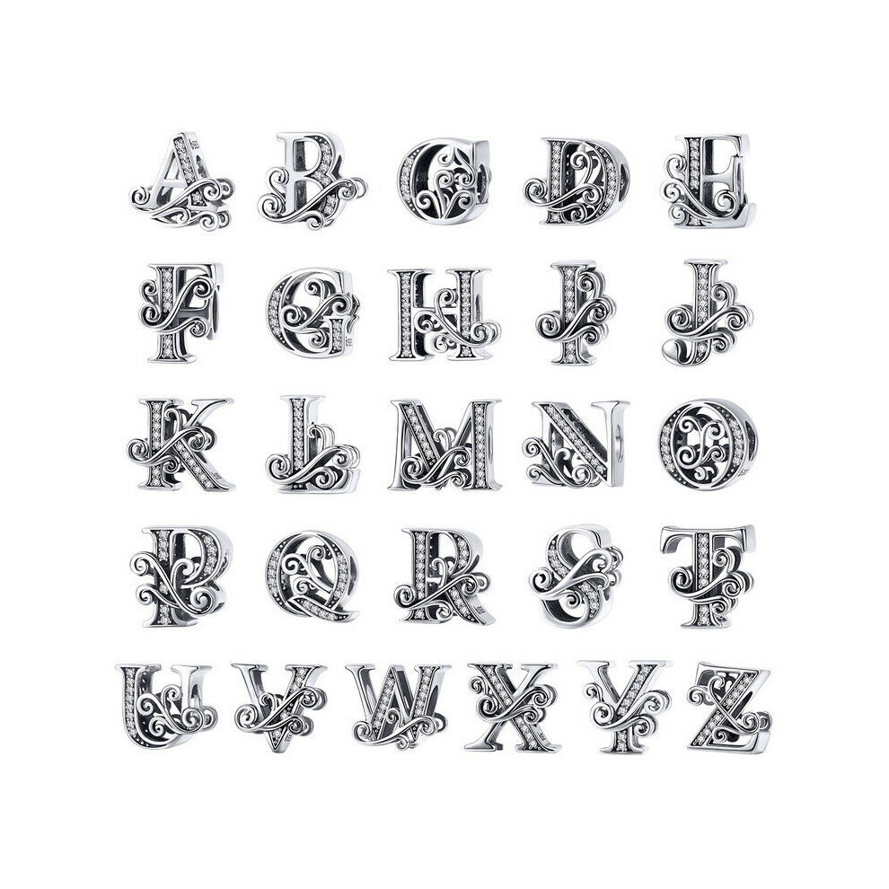 (Letter Charm Vintage Name Initial Alphabet A-Z 925 Sterling Silver FOR pandora bracelet) Alphabets letter name abc sterling silver charm