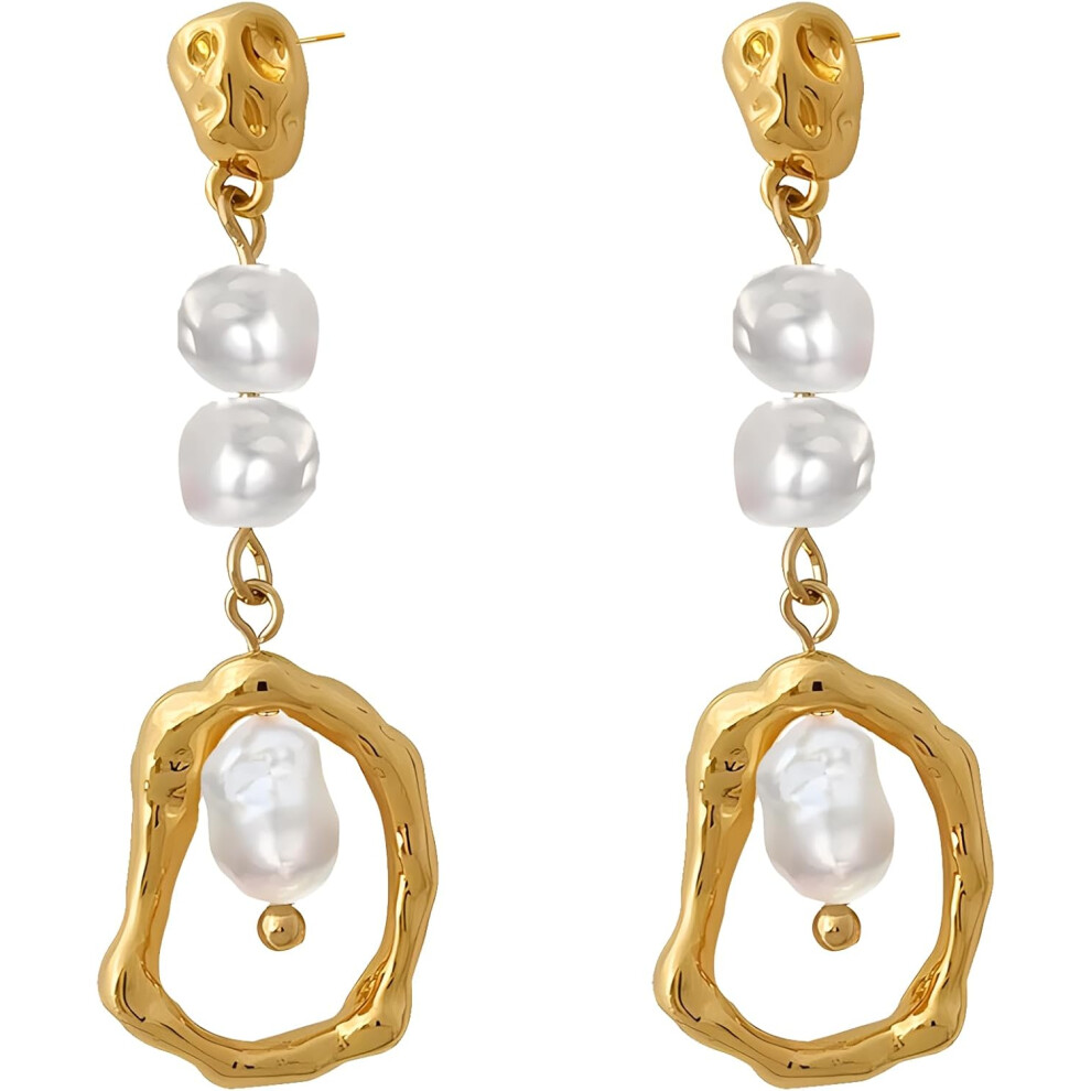 Long Baroque Pearl Drop Earrings Gold Statement Real Pearls Dangle Earrings for Women - Image 2