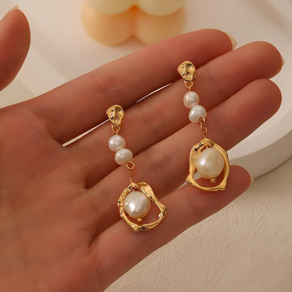 Long Baroque Pearl Drop Earrings Gold Statement Real Pearls Dangle Earrings for Women - Image 4