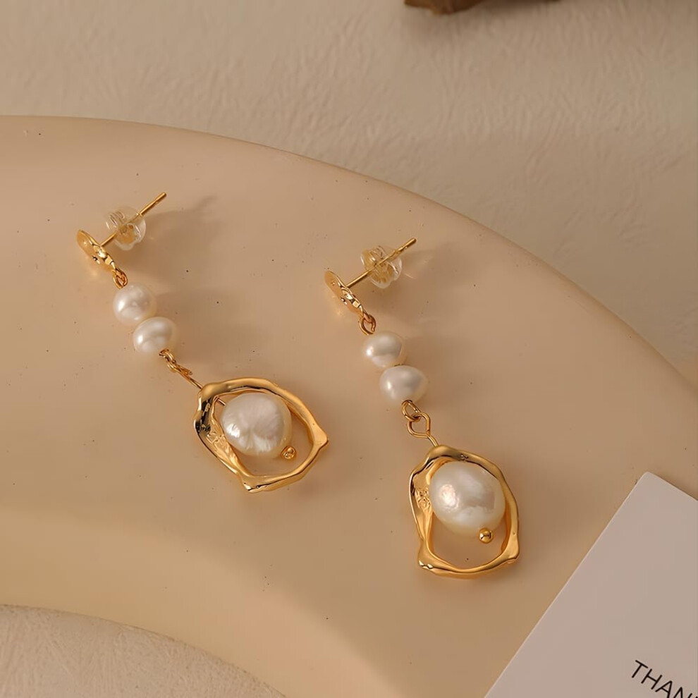 Long Baroque Pearl Drop Earrings Gold Statement Real Pearls Dangle Earrings for Women - Image 5