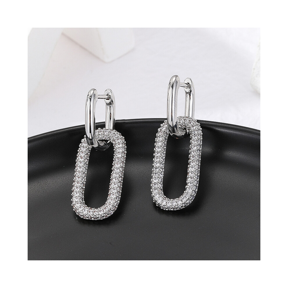 Luxury Silver Rectangle Hoop Earrings, Double Dangle Drop Earrings