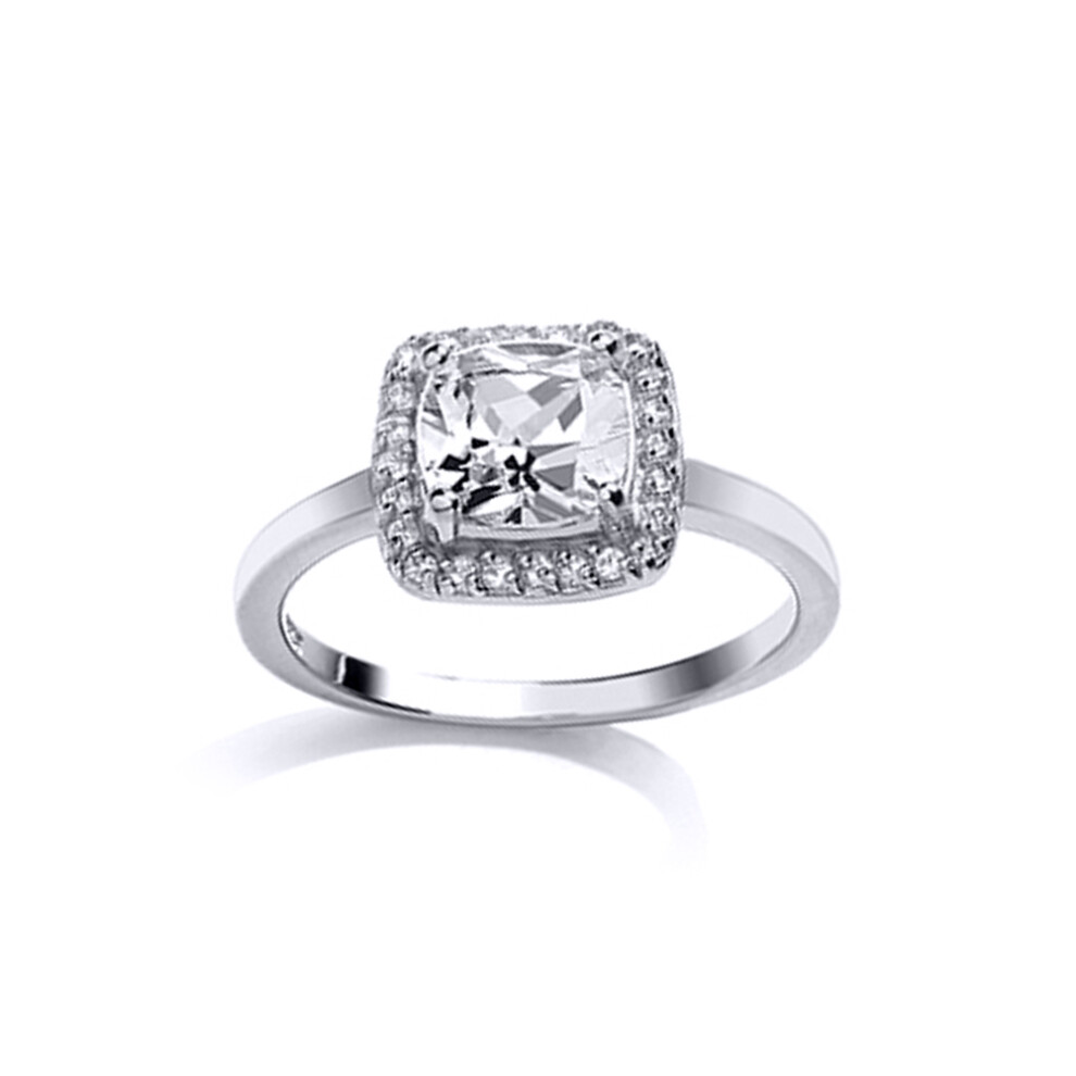 (M) Jewelco London Ladies Rhodium Plated Sterling Silver Cushion Cubic Zirconia Halo Cluster Solitaire Engagement Ring