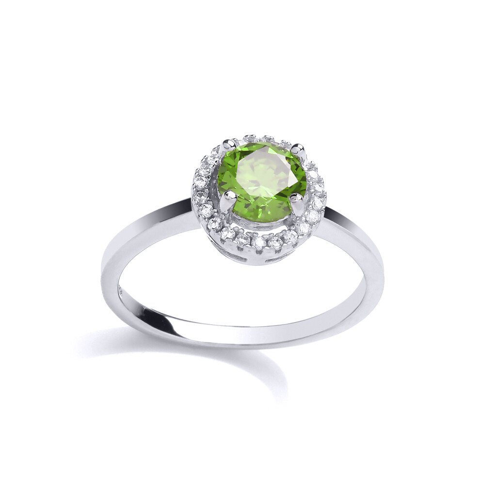 (M) Jewelco London Ladies Rhodium Plated Sterling Silver Lime green Cubic zirconia Halo 4 Claw Solitaire Engagement Ring